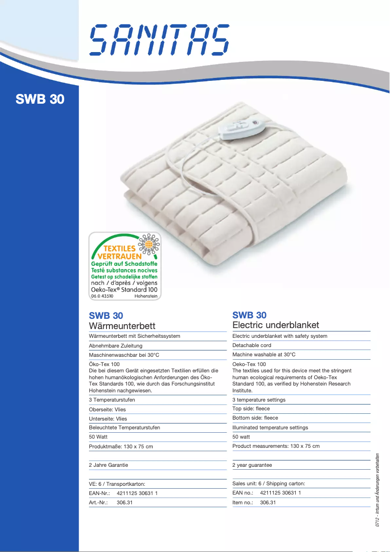 Page 1 de la notice Fiche technique Sanitas SWB 30