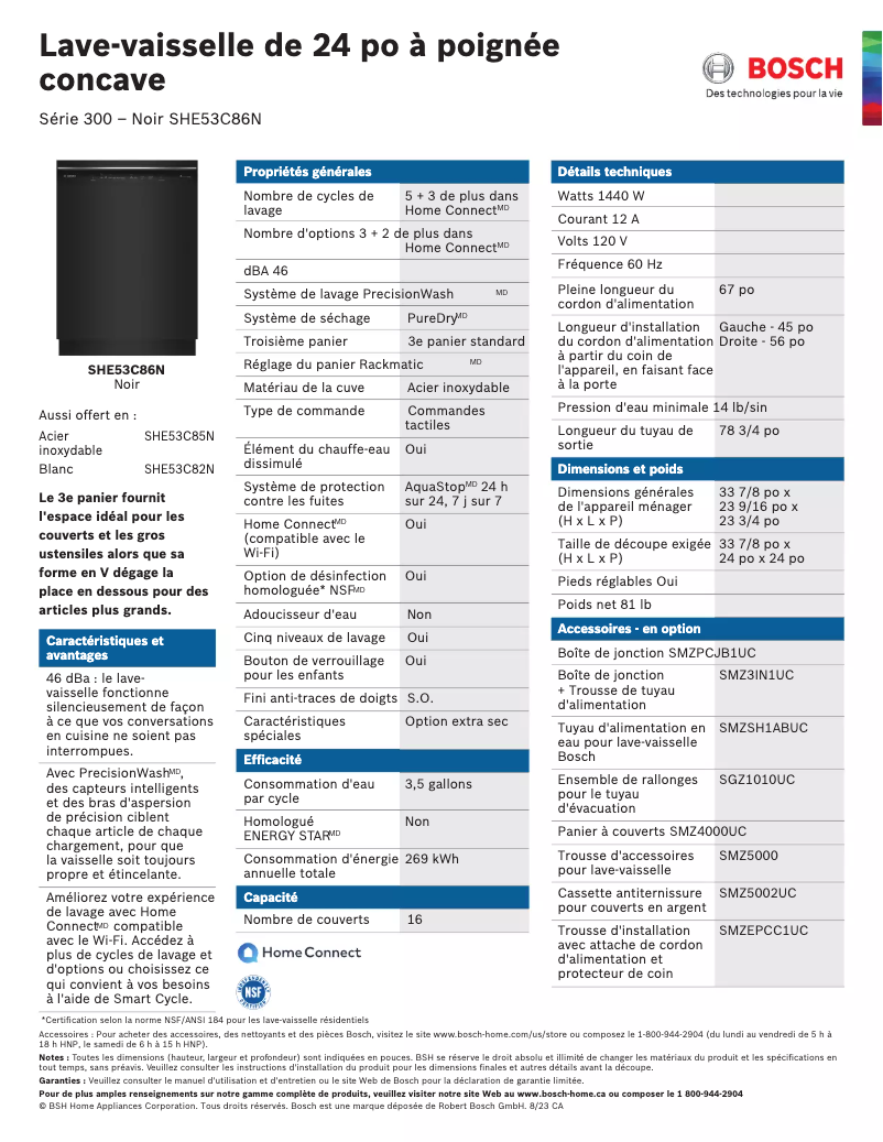 Page 1 de la notice Fiche technique Bosch SHE53C86N