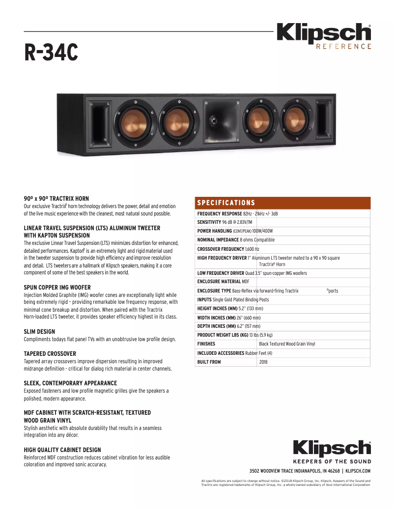 Page 1 de la notice Fiche technique Klipsch Reference R-34C