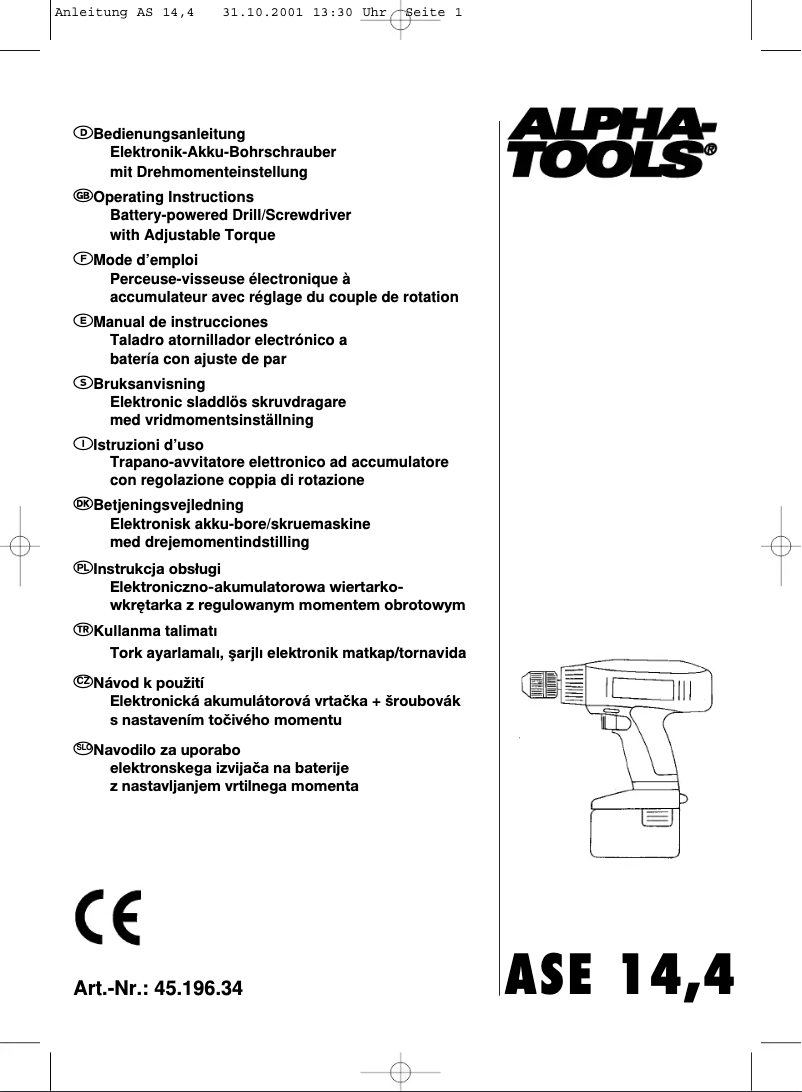 Page 1 de la notice Manuel utilisateur Alpha Tools AS 14,4
