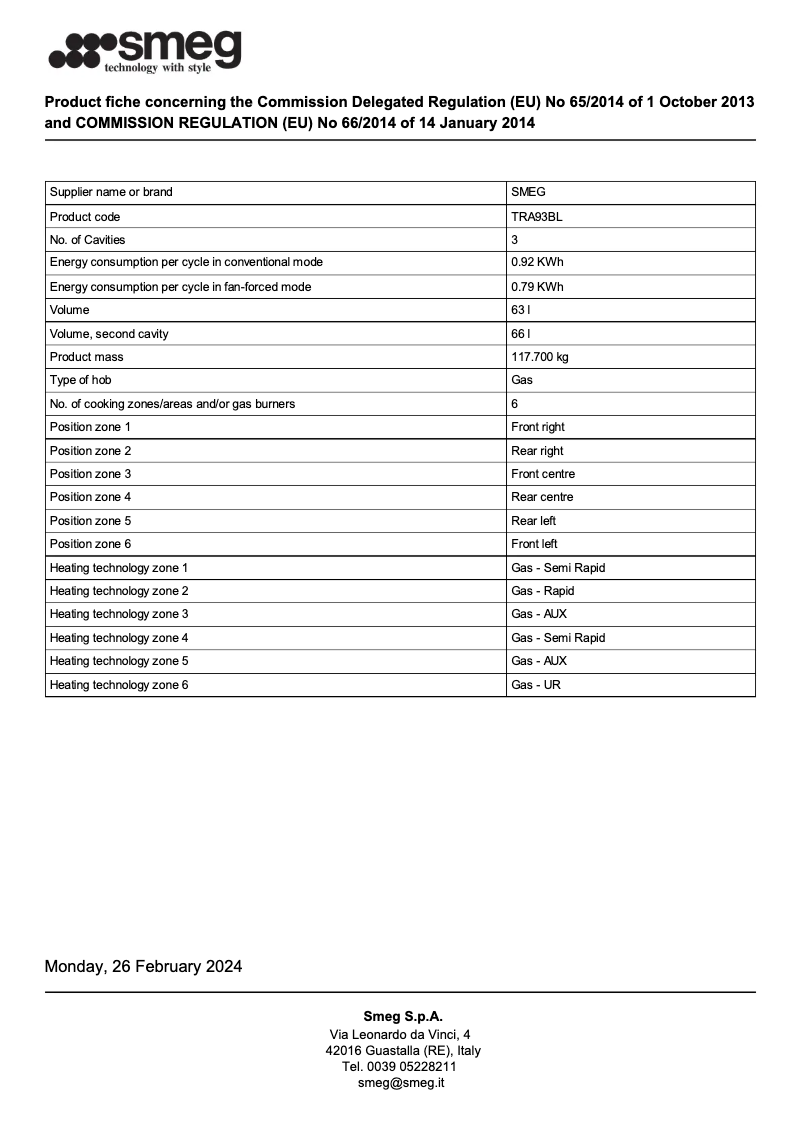 Page 1 de la notice Fiche technique Smeg TRA93BL