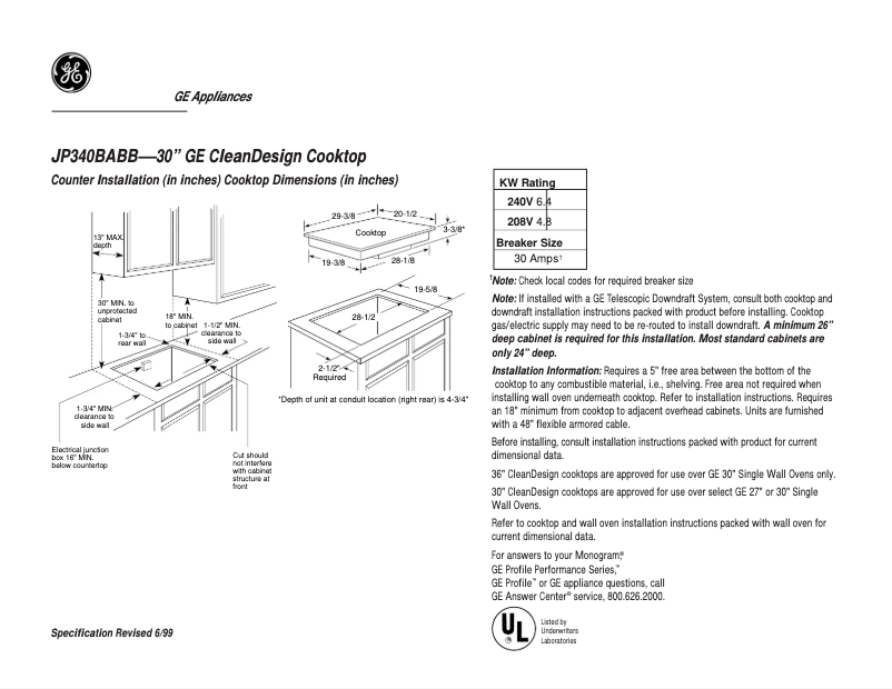 Página 1 del manual Ficha técnica GE JP340BABB