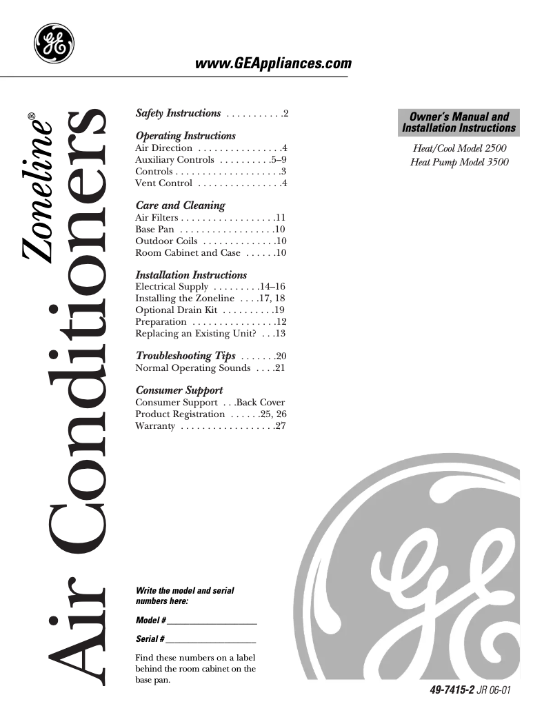 Page n°1 - Manuel d'utilisation et d'entretien GE AZ35H15D3C