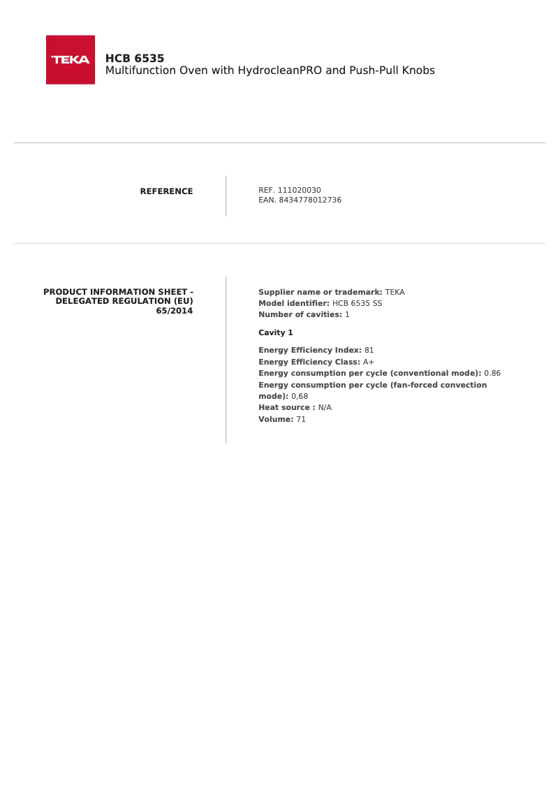 Page 1 de la notice Fiche technique Teka HCB 6535