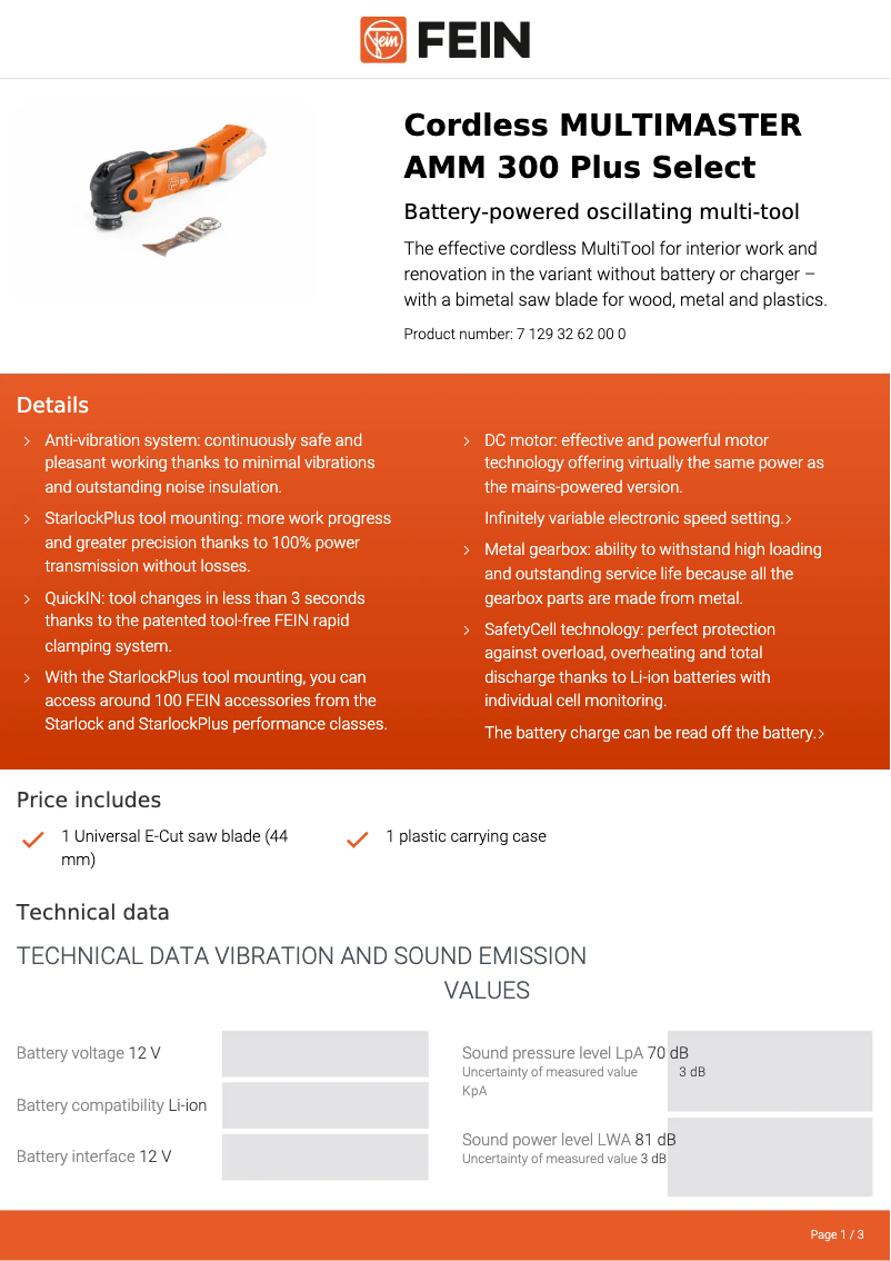 Page 1 de la notice Fiche technique Fein Multimaster AMM 300 Plus Select