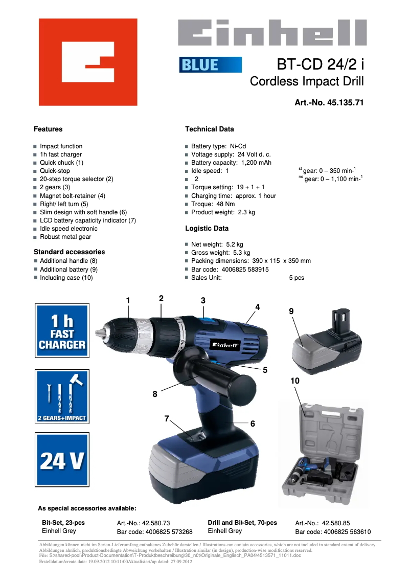 Página 1 del manual Ficha técnica Einhell BT-CD 24/1 i