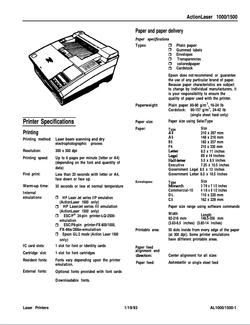 Page 1 de la notice Fiche technique Epson ActionLaser 1500
