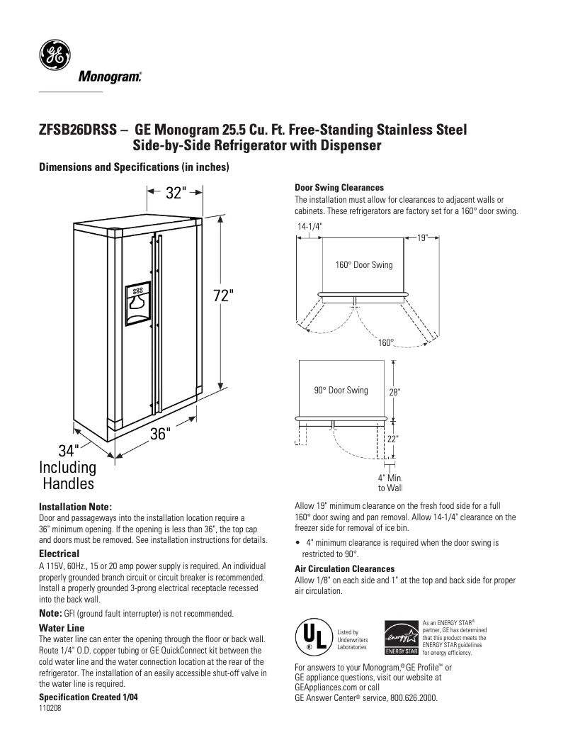 Page 1 of the manual Technical Sheet GE ZFSB26DRSS