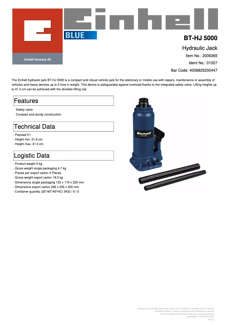 Page 1 de la notice Fiche technique Einhell BT-HJ 5000