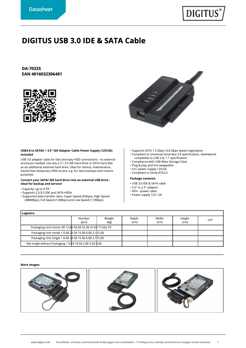 Page 1 de la notice Fiche technique Digitus DA-70325