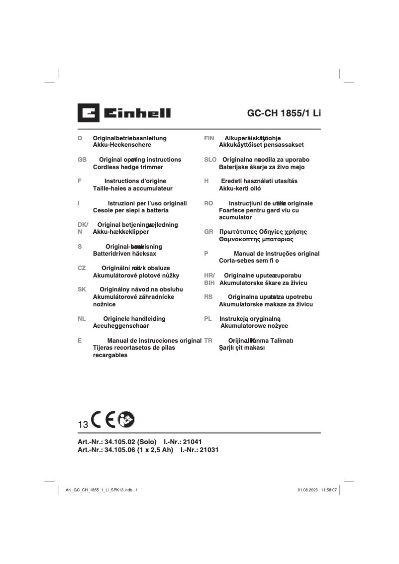 Página 1 del manual Manual de usuario Einhell GC-CH 1855/1 Li-Solo