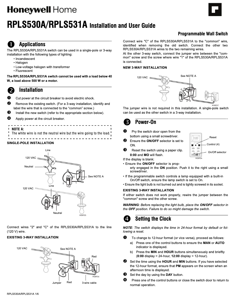 Page 1 de la notice Manuel utilisateur Honeywell RPLS530A1038