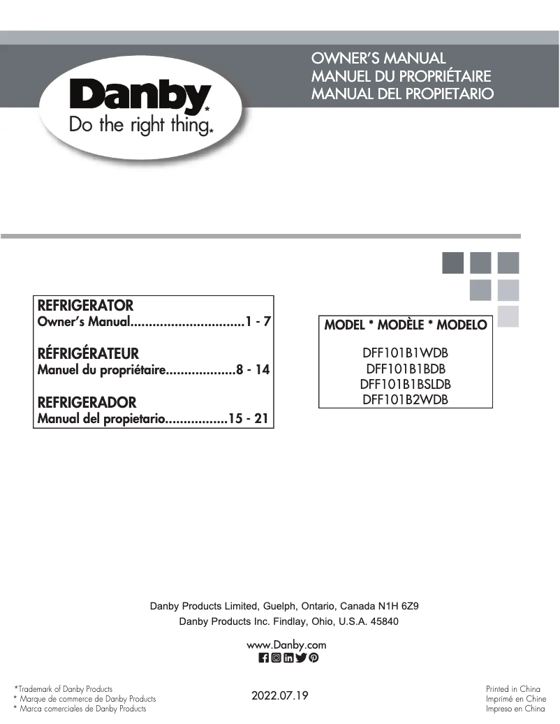Page 1 de la notice Manuel utilisateur Danby DFF101B1BDB