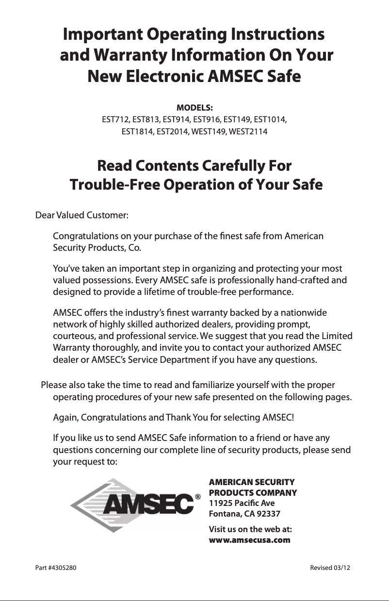 Page 1 de la notice Manuel utilisateur AMSEC EST813