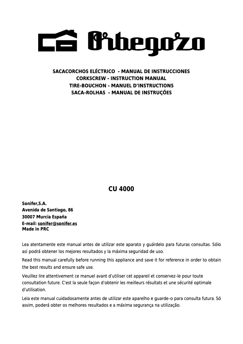 Page 1 de la notice Manuel utilisateur Orbegozo CU 4000