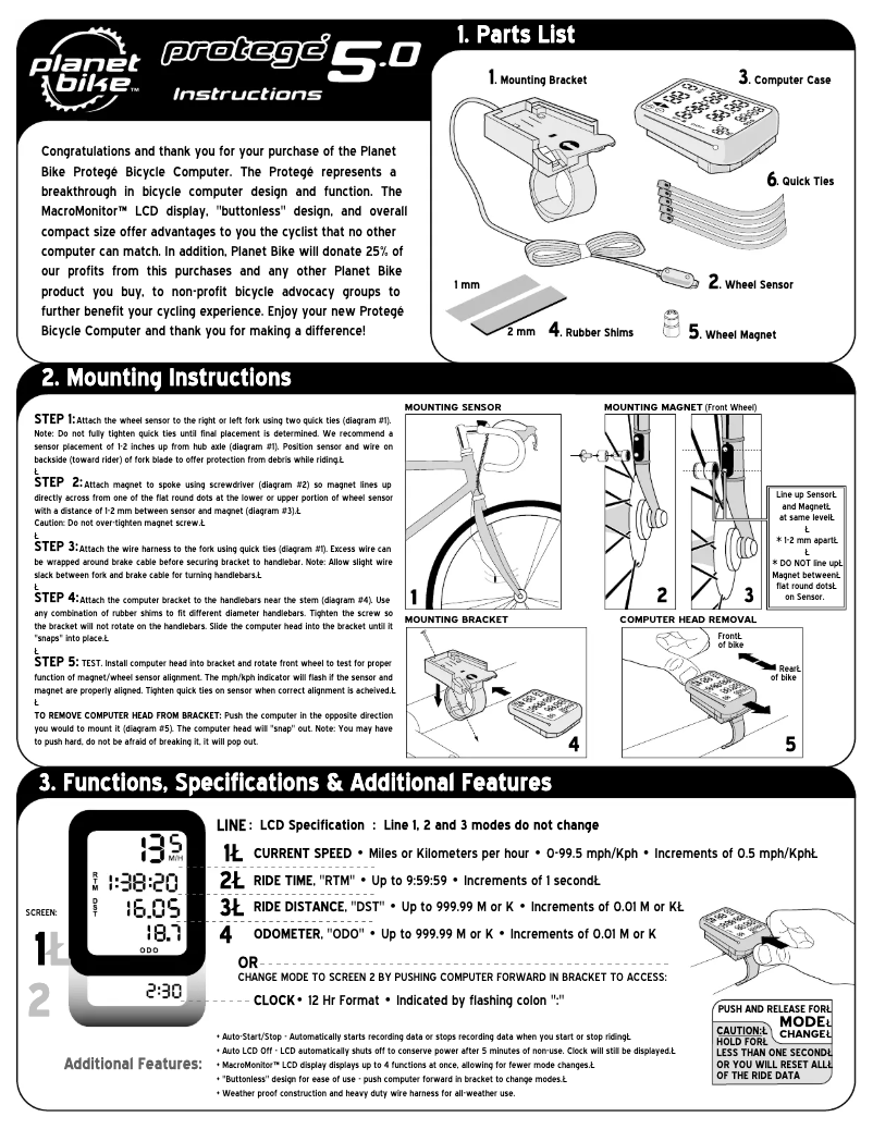 Page 1 of the manual User Manual Planet Bike Protege 5.0