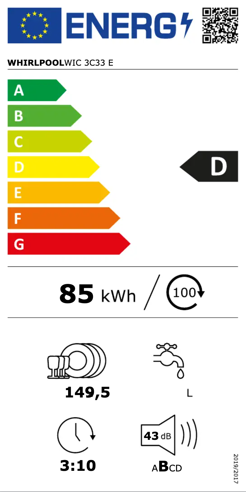 Page 1 de la notice Label énergétique Whirlpool WIC 3C33 E