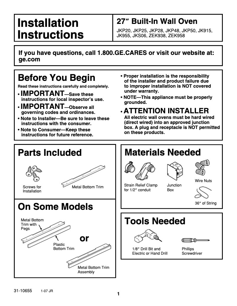 Page n°1 - Guide d'installation GE JK915BFBB