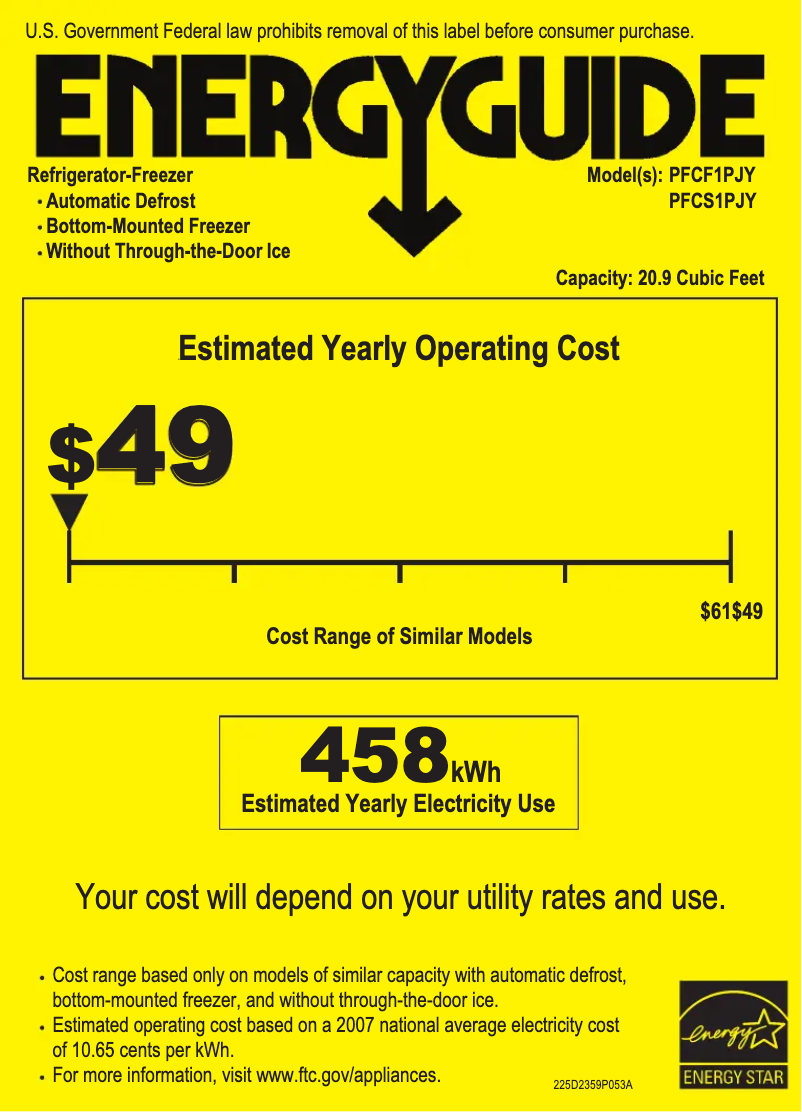 Page 1 de la notice Label énergétique GE Profile PFCF1PJYBB