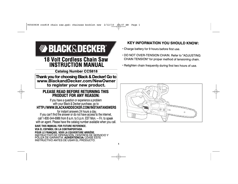 Page 1 de la notice Manuel utilisateur Black & Decker CCS818