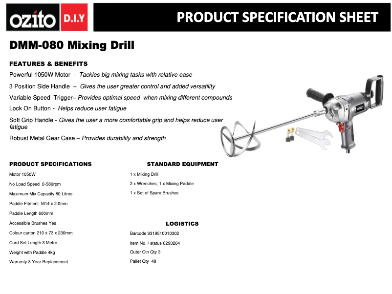 Page 1 de la notice Fiche technique Ozito DMM-080