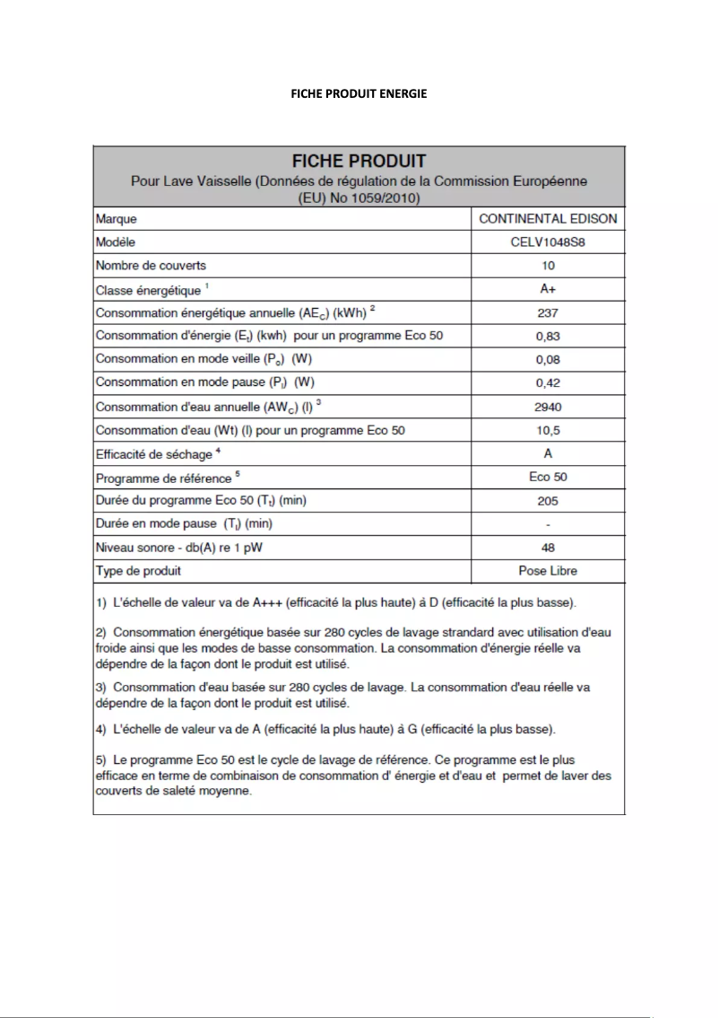 Page 1 of the manual Energy Label Continental Edison CELV1048W8