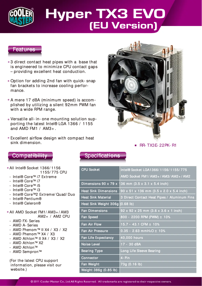 Page 1 de la notice Fiche technique Cooler Master Hyper TX3 EVO