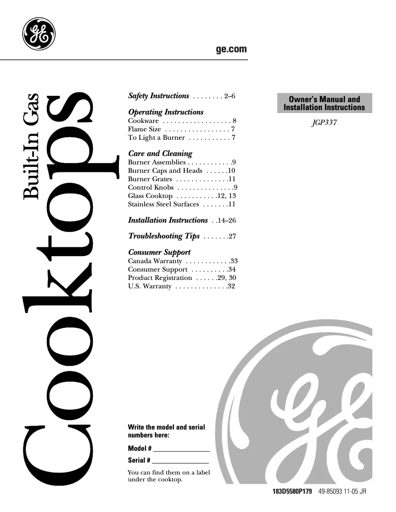 Page 1 of the manual Installation Guide GE JGP337SEJSS