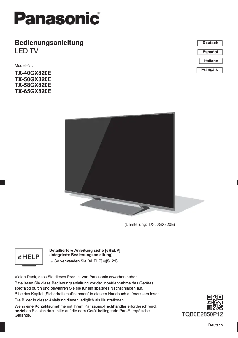 Page 1 of the manual Quick Start Guide Panasonic Viera TX-65GX820E