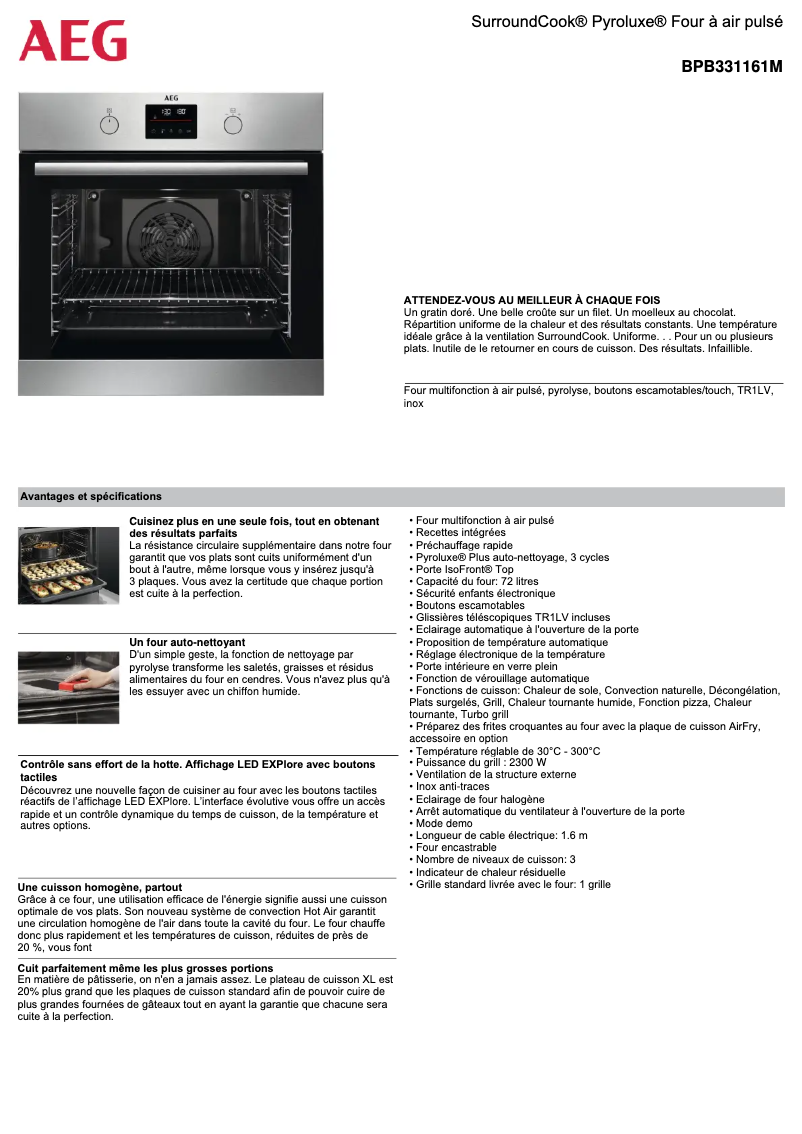 Page 1 de la notice Fiche technique AEG BPB331161M