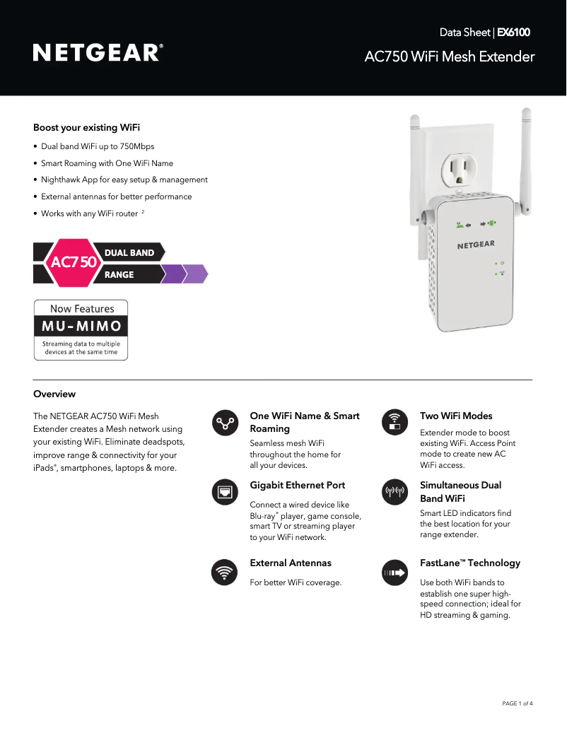 Page 1 de la notice Fiche technique Netgear EX6100v2