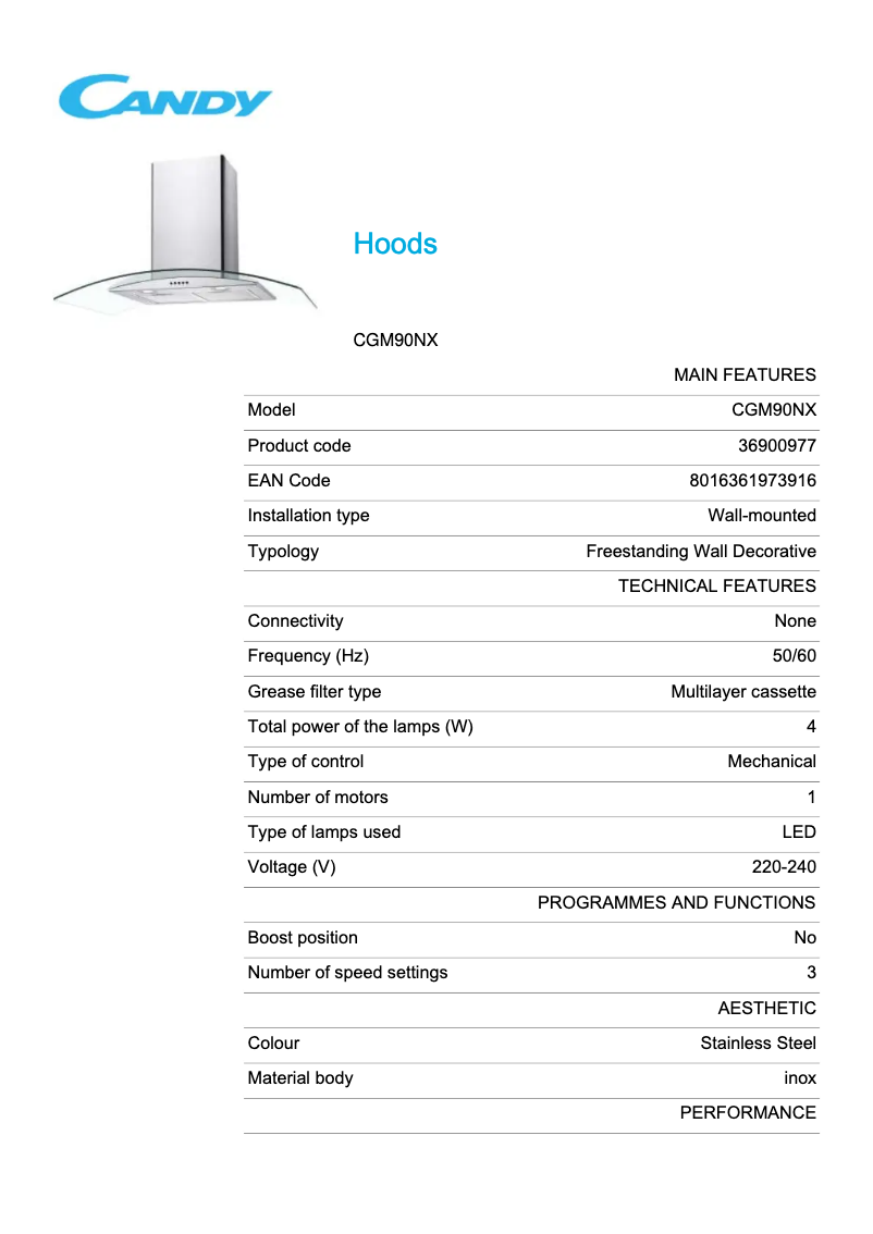 Page 1 of the manual Technical Sheet Candy CGM90NX