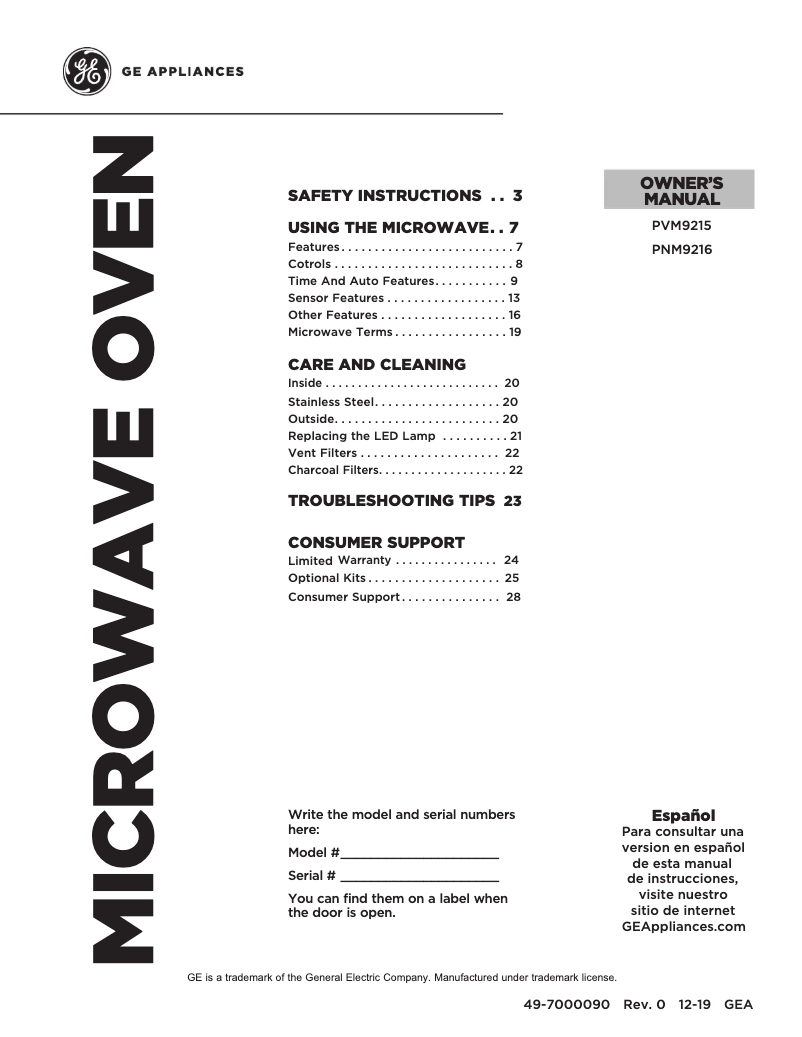 Page 1 de la notice Manuel d'utilisation et d'entretien GE PNM9216SKSS