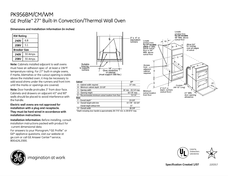 Page n°1 - Fiche technique GE Profile PK956CMCC