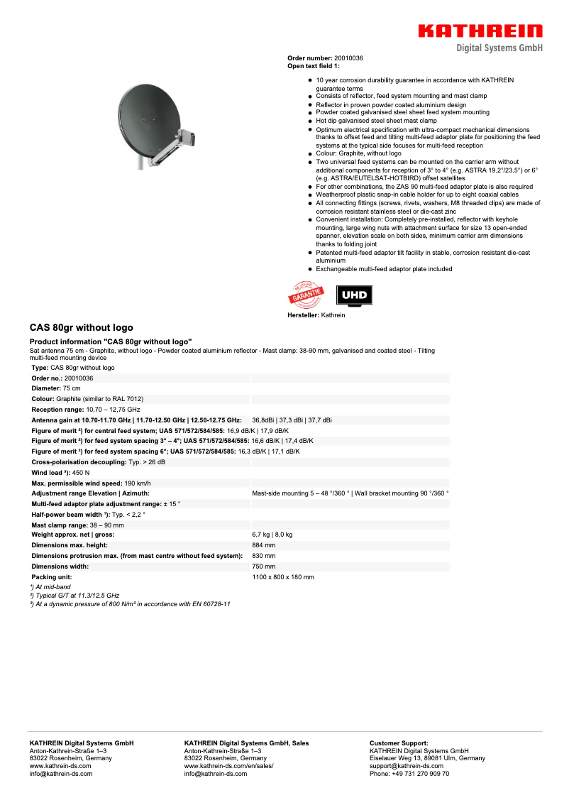 Page 1 de la notice Fiche technique Kathrein CAS 80gr