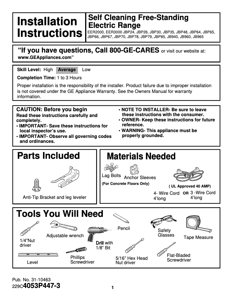 Page 1 of the manual Installation Guide GE Profile JBP85CBCC