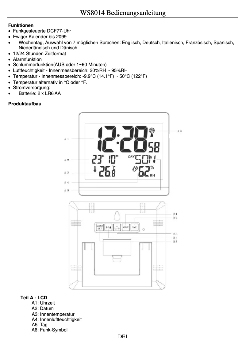 Page 1 de la notice Manuel utilisateur Techno Line WS 8014