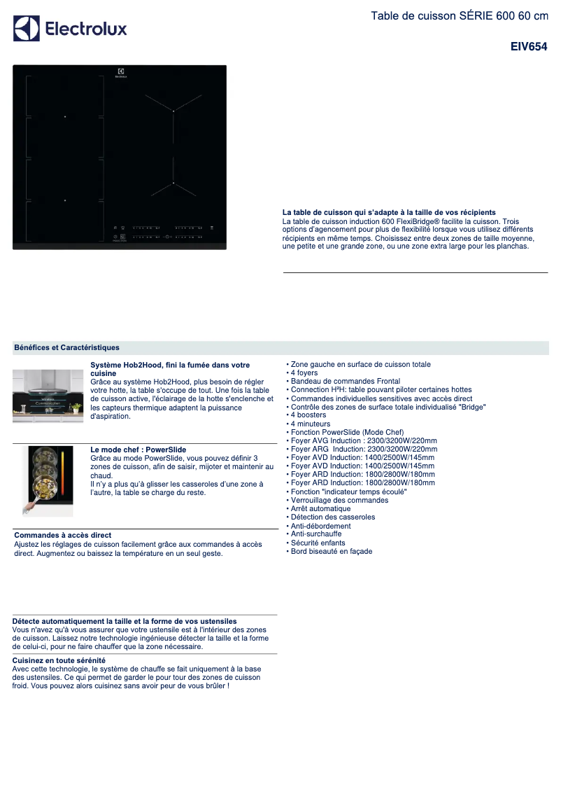 Page 1 de la notice Fiche technique Electrolux EIV654