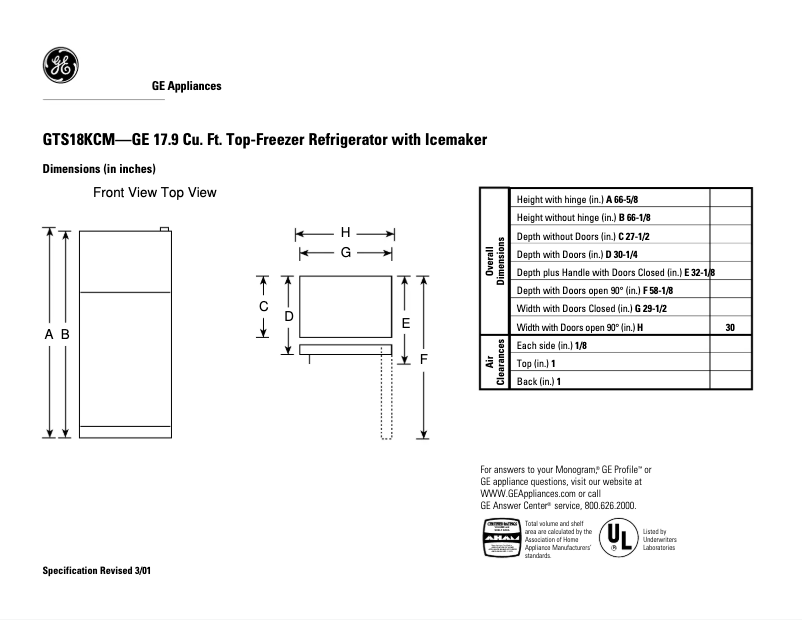 Page 1 de la notice Fiche technique GE GTS18KCMCC
