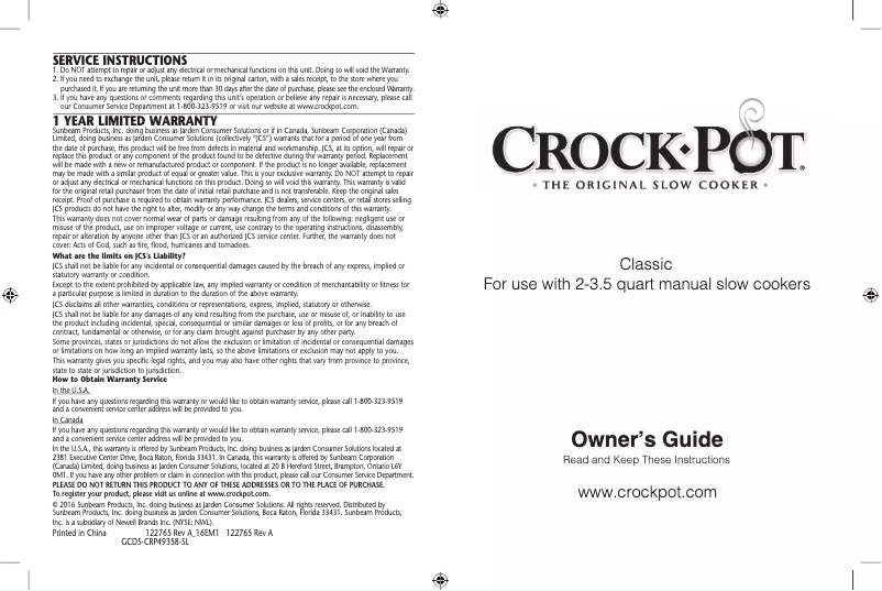Page 1 de la notice Manuel utilisateur Crock-Pot SCR300-B