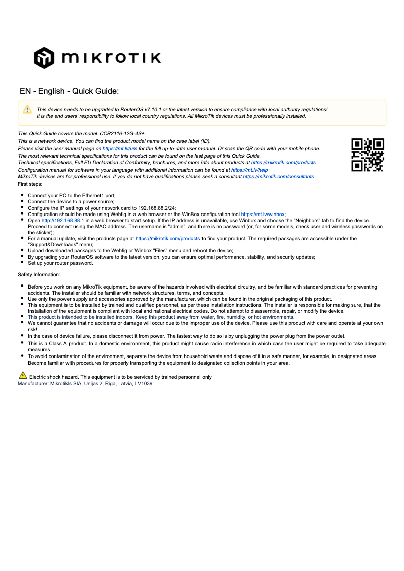 Page 1 de la notice Manuel utilisateur Mikrotik CCR2116-12G-4S+