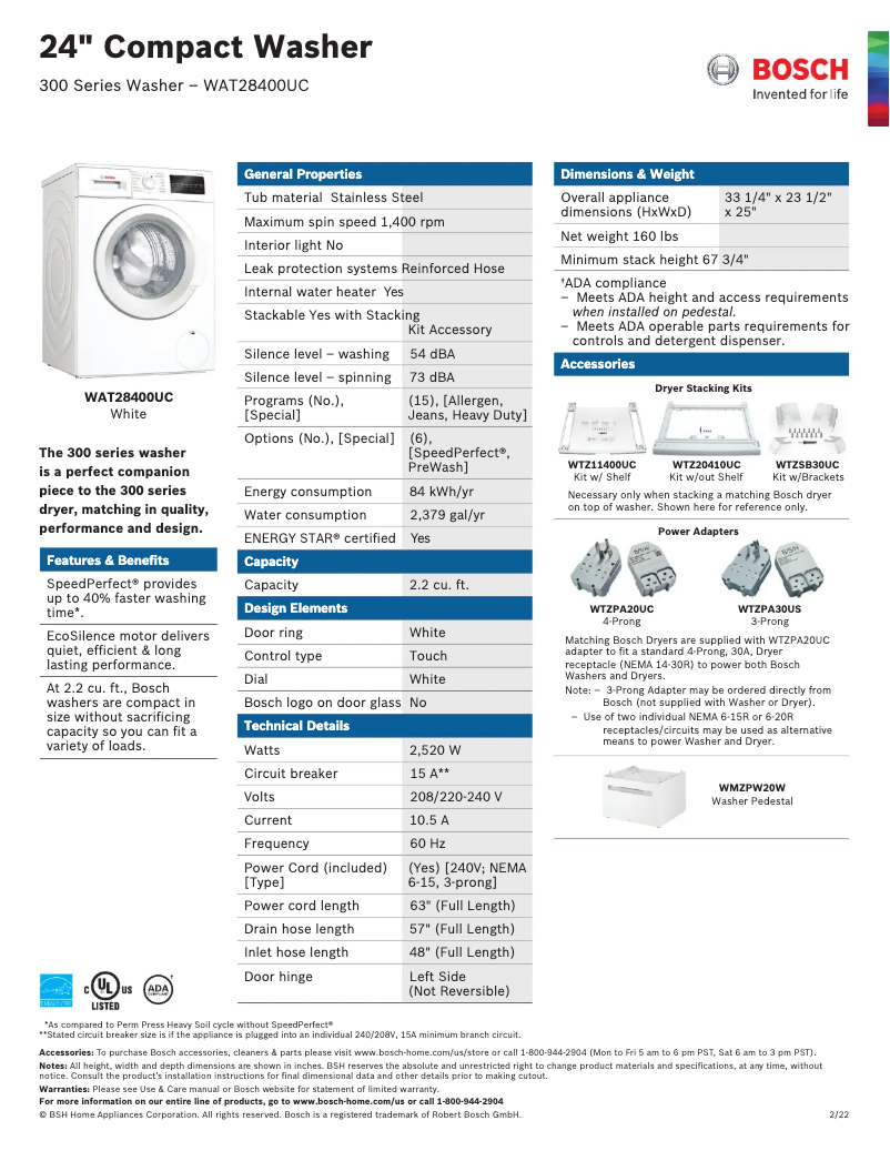 Page 1 de la notice Fiche technique Bosch WAT28400U