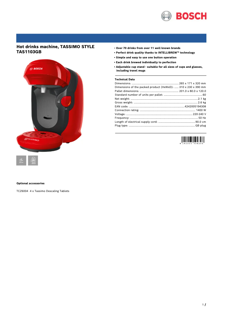 Page 1 de la notice Fiche technique Bosch Tassimo Style TAS1103