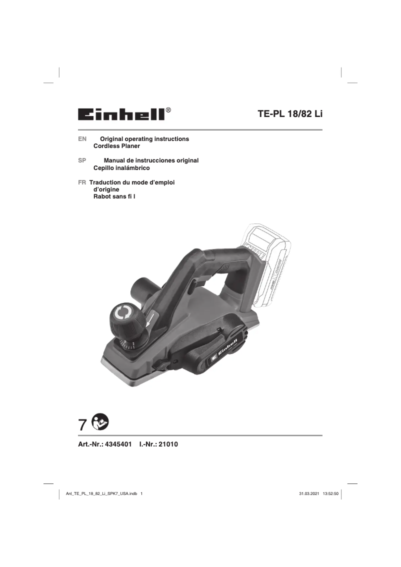 Page 1 de la notice Manuel utilisateur Einhell Expert TE-PL 18/82 Li