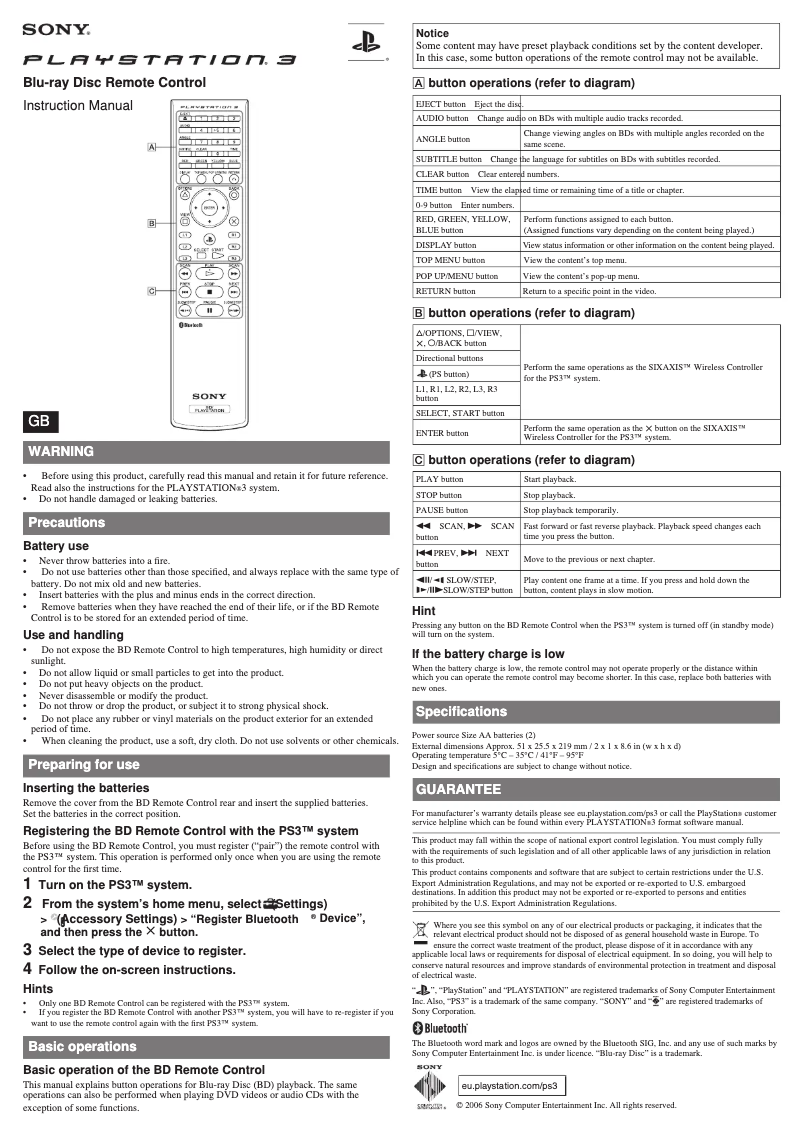 Page 1 de la notice Manuel utilisateur Sony Blu-ray Remote Control PS3