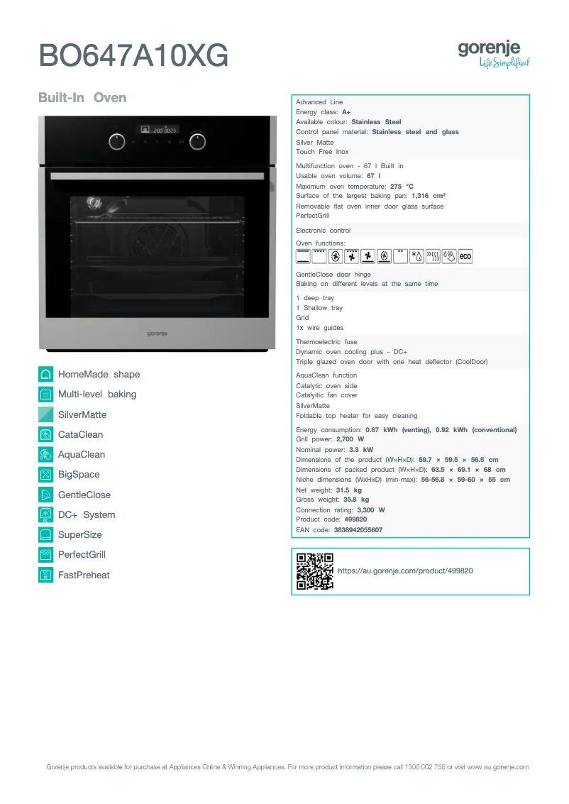 Página 1 del manual Ficha técnica Gorenje BO647A10XG