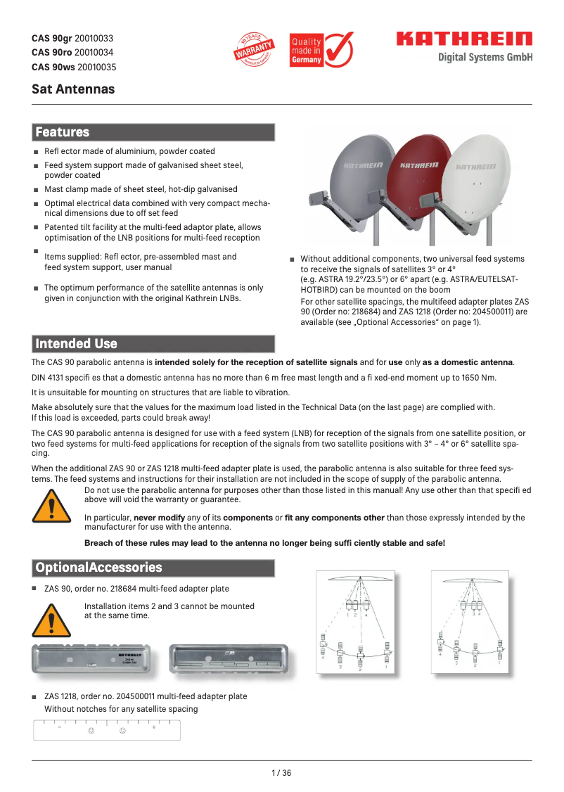 Page 1 de la notice Fiche technique Kathrein CAS 90ws