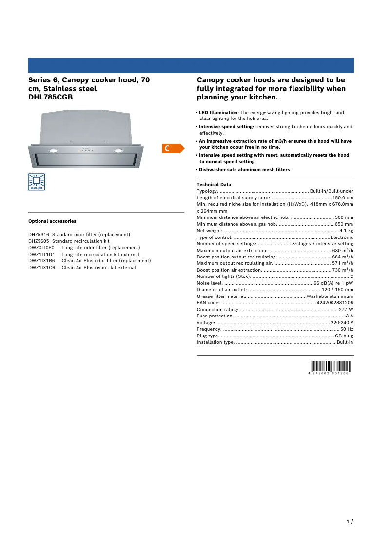 Page 1 de la notice Fiche technique Bosch DHL785CGB