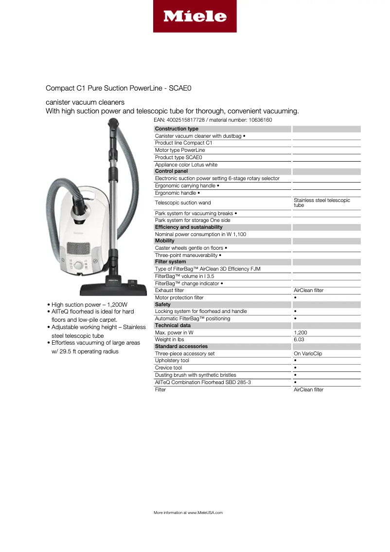 Page 1 de la notice Fiche technique Miele Compact C1 Pure Suction PowerLine