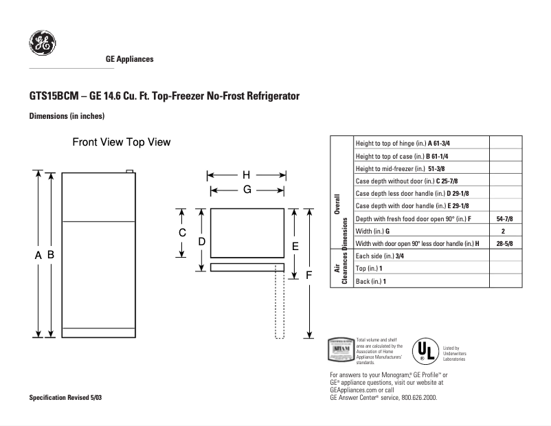 Page 1 de la notice Fiche technique GE GTS15BCMRWW